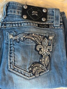 Miss Me Jeans Womens 27 Blue Bootcut Embellished Flap Pockets JP5853BV distresse